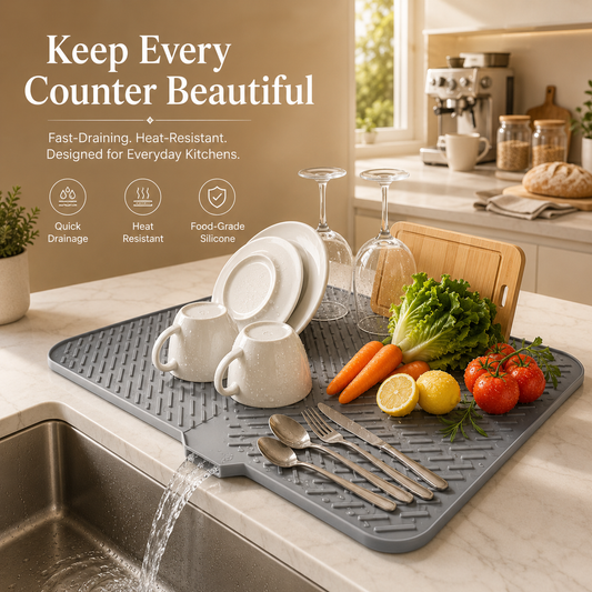 Non-Slip Kitchen Silicone Dish Drying Mat with Built-in Drain, Heat Resistant