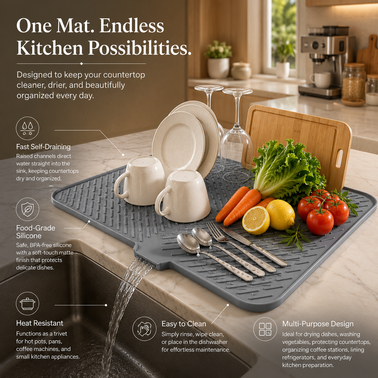 Non-Slip Kitchen Silicone Dish Drying Mat with Built-in Drain, Heat Resistant