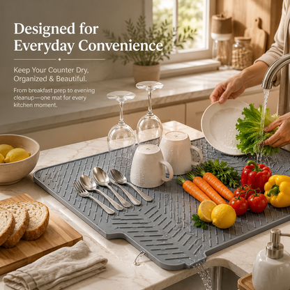 Non-Slip Kitchen Silicone Dish Drying Mat with Built-in Drain, Heat Resistant