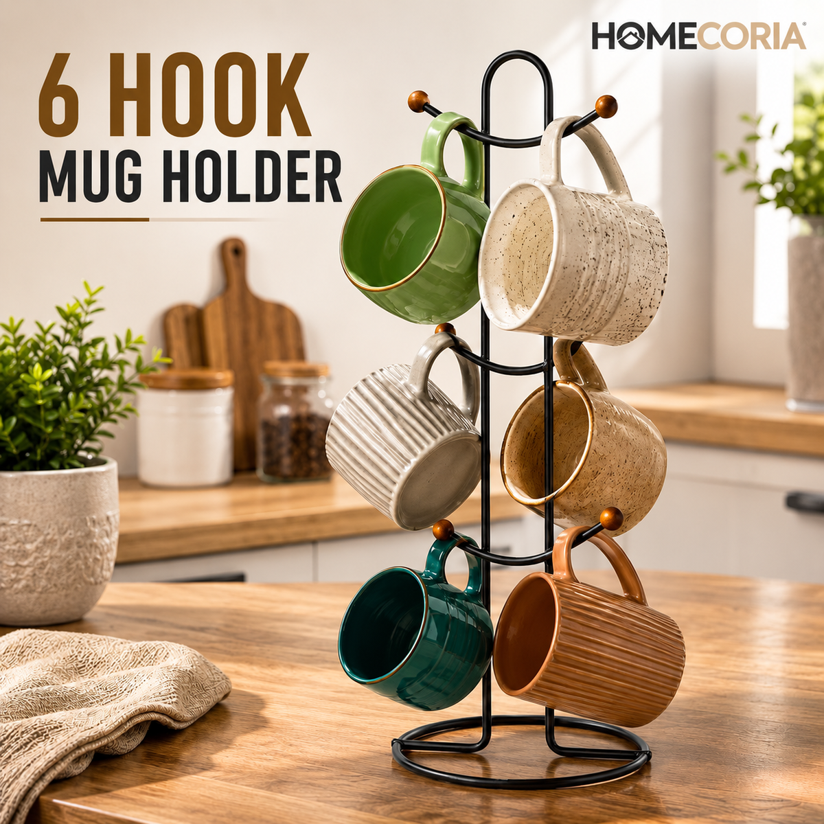6 Hook Mug Holder – Rotating Coffee Cup Storage Rack