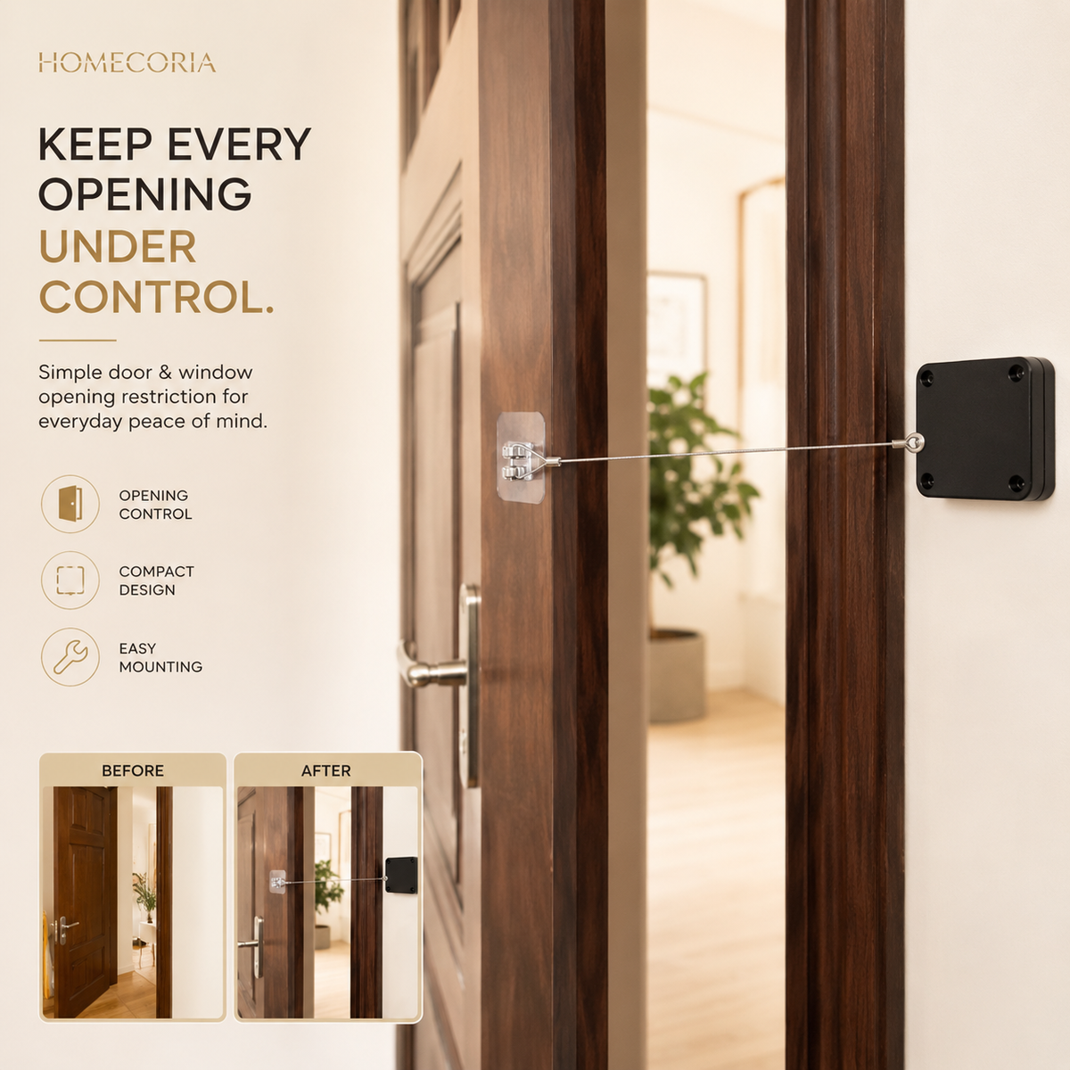 Homecoria™ Punch-Free Automatic Door Closer – 1000g Pull Retractable Closer for Screen & Wooden Doors – AC Cooling Saver