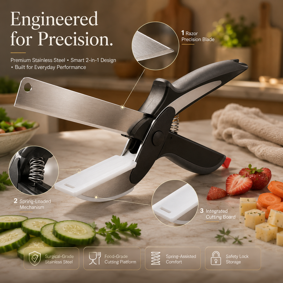A stainless steel and black manual food chopper slicer shown on a kitchen counter with vegetables and fruit, surrounded by callout circles and marketing text explaining its precision, spring-loaded mechanism, integrated cutting board, and safety lock.