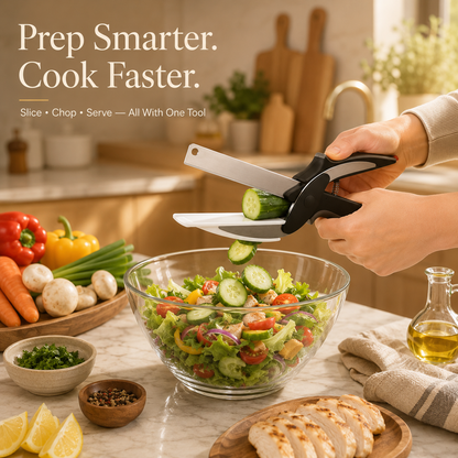 A person uses a kitchen slicing tool with two blades to cut a cucumber over a glass salad bowl in a bright kitchen. Text at the top reads 'Prep Smarter.
