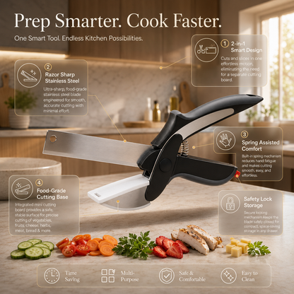 A kitchen utility product shown in a real kitchen setting with overlaid feature callouts and benefit icons. The main product appears to be a multi-functional kitchen tool with a black handle, silver blade, and white base, used for slicing or cutting food.