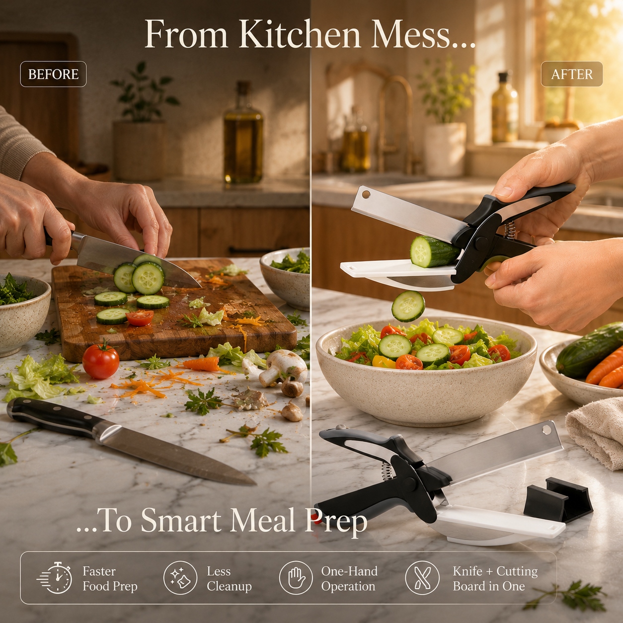 Before-and-after comparison of a smart kitchen prep tool. The left side shows a messy kitchen scene with hands slicing cucumbers on a cutting board, while the right side shows the same hands using a black-and-white smart knife and cutting board in one device to quickly prepare a salad.
