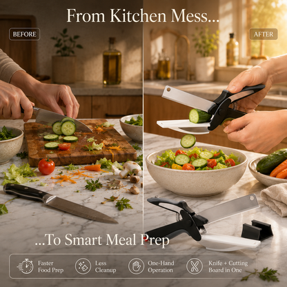 Before-and-after comparison of a smart kitchen prep tool. The left side shows a messy kitchen scene with hands slicing cucumbers on a cutting board, while the right side shows the same hands using a black-and-white smart knife and cutting board in one device to quickly prepare a salad.