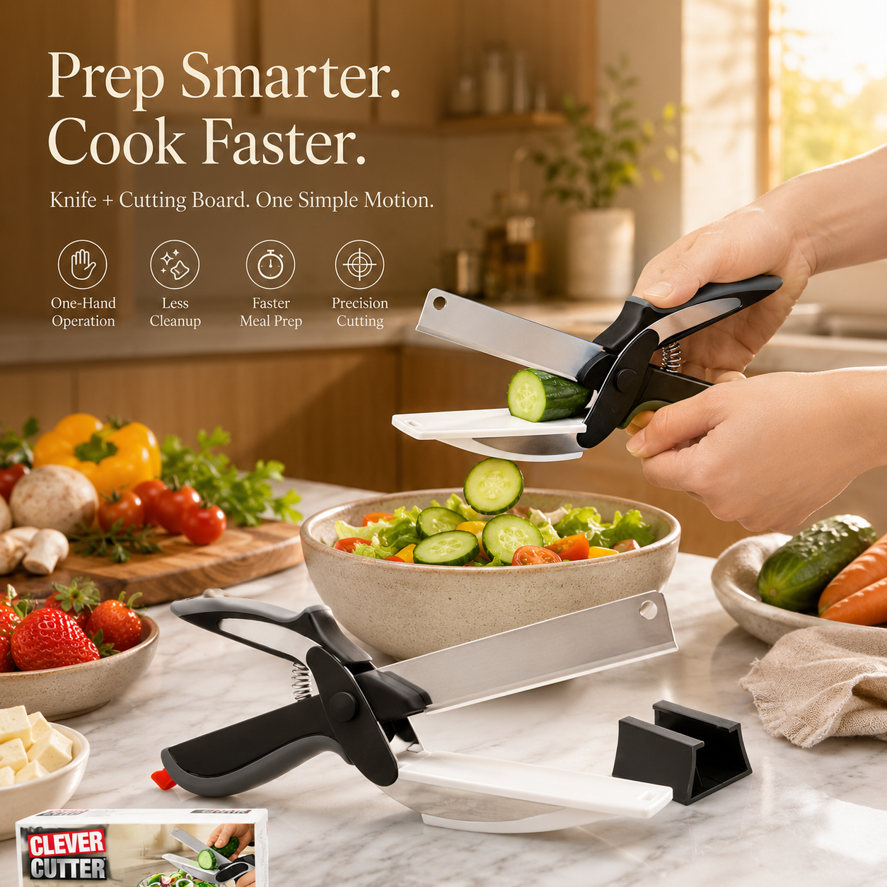 A kitchen scene showing a person using a Clever Cutter slicing a cucumber into a salad bowl. The product is also displayed on a marble countertop with other fresh vegetables and kitchen items in the background.