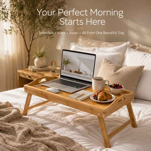 A bamboo folding lap desk set on a bed with a laptop, mug, fruit, and croissant, with the text 'Your Perfect Morning Starts Here' at the top.