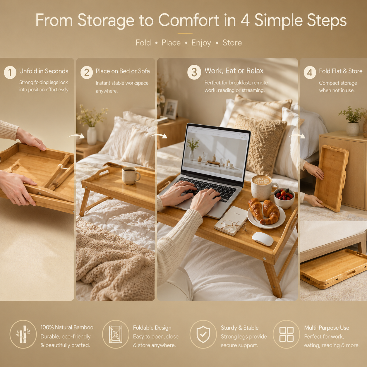 A promotional infographic for a bamboo folding bed tray/table, showing four lifestyle steps: unfolding in seconds, placing on a bed or sofa, working or eating/relaxing, and folding/storing away. The collage includes hands, a bed, a laptop, coffee, and a bedside table, with text highlighting natural bamboo durability, foldable design, stability, and multi-purpose use.