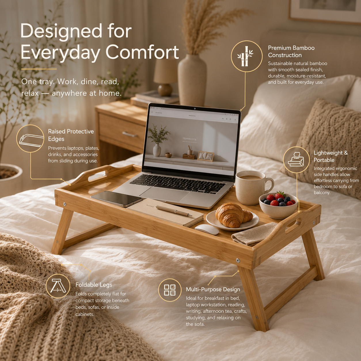 A bamboo folding bed tray table set up on a bed with a laptop, mug, croissant, and fruit, with marketing text highlighting comfort, construction, portability, and multi-purpose use.