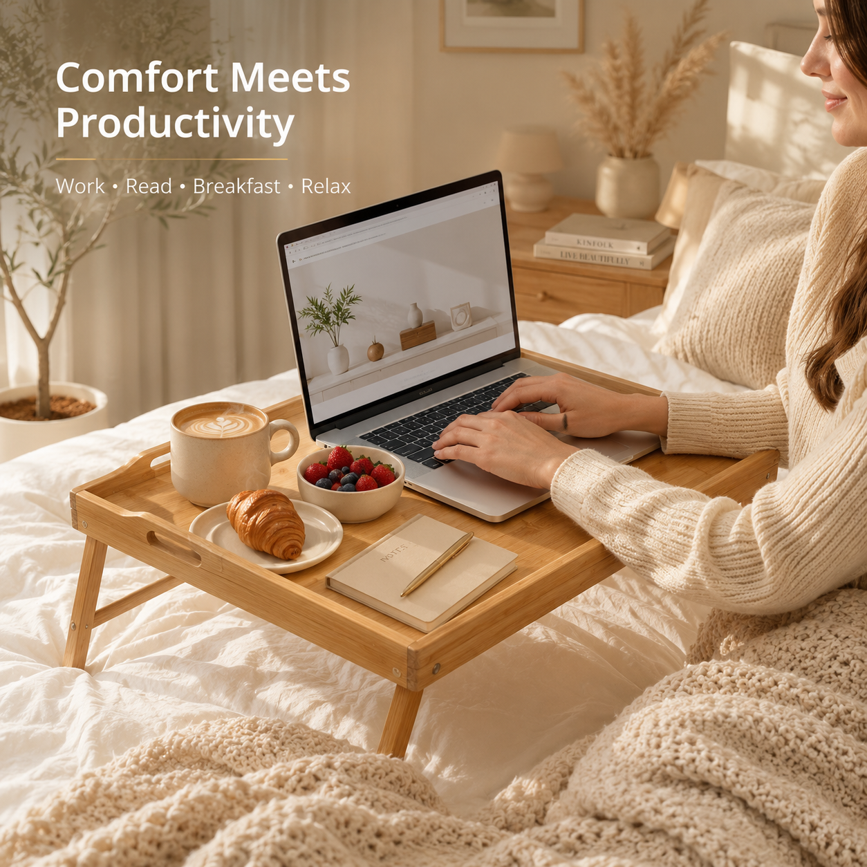A wooden lap desk tray sits on a bed in a cozy bedroom, styled with a laptop, coffee, croissant, fruit bowl, and notebook. A person in a cream knit sweater is partially visible using the laptop.