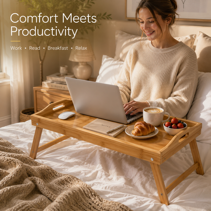 A woman sits on a bed using a laptop on a wooden lap desk, with a cup of coffee, a croissant, and small bowls on the tray. The scene is warmly lit in a bedroom setting with text reading 'Comfort Meets Productivity' in the upper left.
