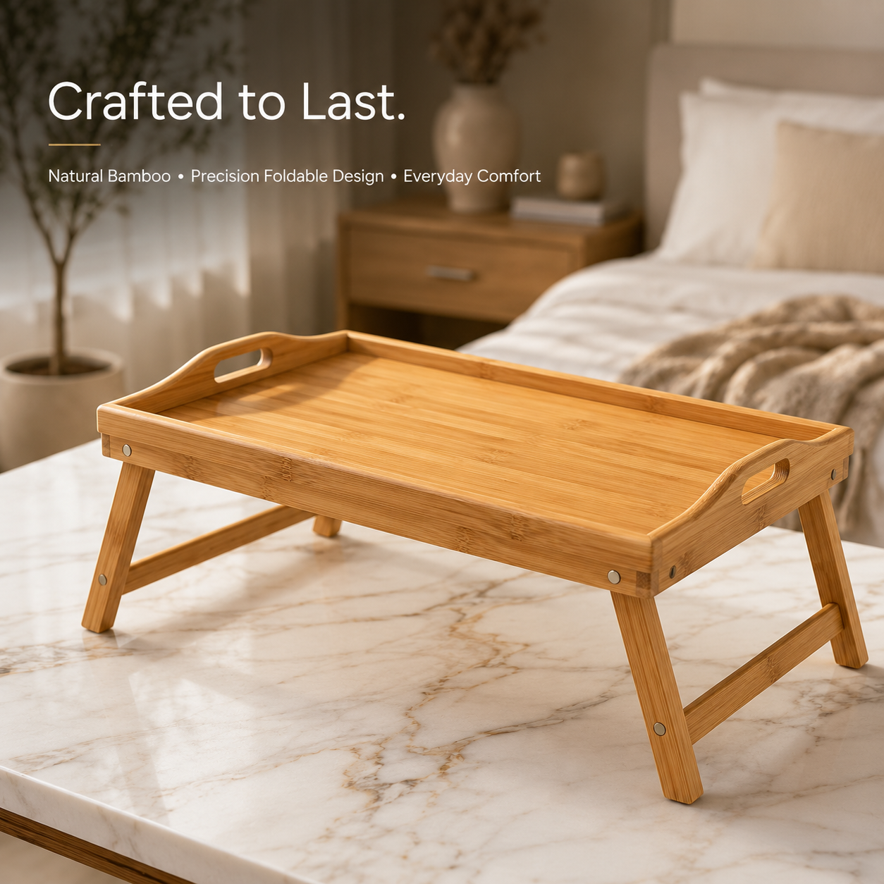 A bamboo folding bed tray with integrated handles and support legs, shown on a marble surface in a softly lit bedroom setting. Text on the image reads 'Crafted to Last.