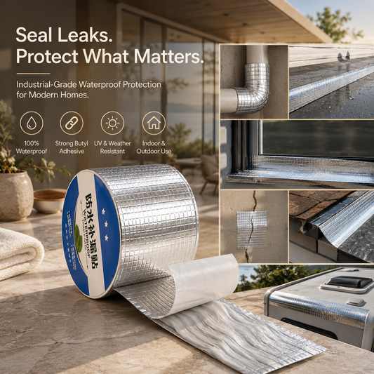 A roll of reflective silver waterproof seal tape is shown unrolled on a stone patio, with a circular spool labeled in Chinese. The image includes marketing text, feature icons, inset close-ups of the tape applied to a window frame and outdoor trim, and a heat sealer tool.