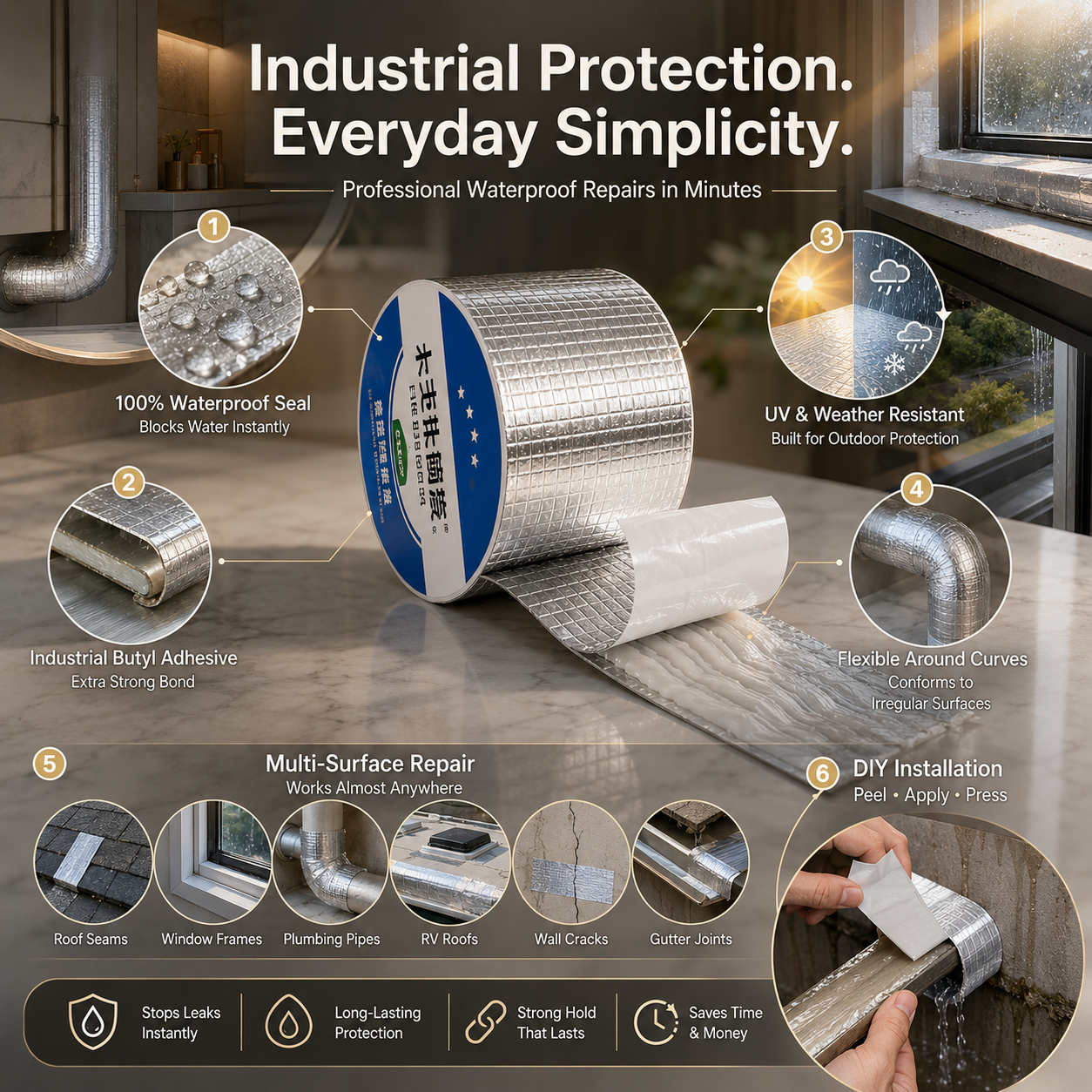 A roll of silver reflective waterproof seal tape with a blue and white label, shown on a kitchen countertop with a faucet. The graphic includes six numbered callouts with icons and text explaining waterproofing benefits, multi-surface repair, flexible curves, and DIY installation, plus a small photo of hands applying the tape.