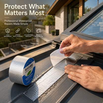 A roll of silver waterproof tape with a blue and white label is shown on a dark metal roof, with a person's hands peeling back the top layer. Large promotional text at the top reads 'Protect What Matters Most' and includes feature icons for waterproof, strong butyl adhesive, UV and weather resistant, and indoor & outdoor use.