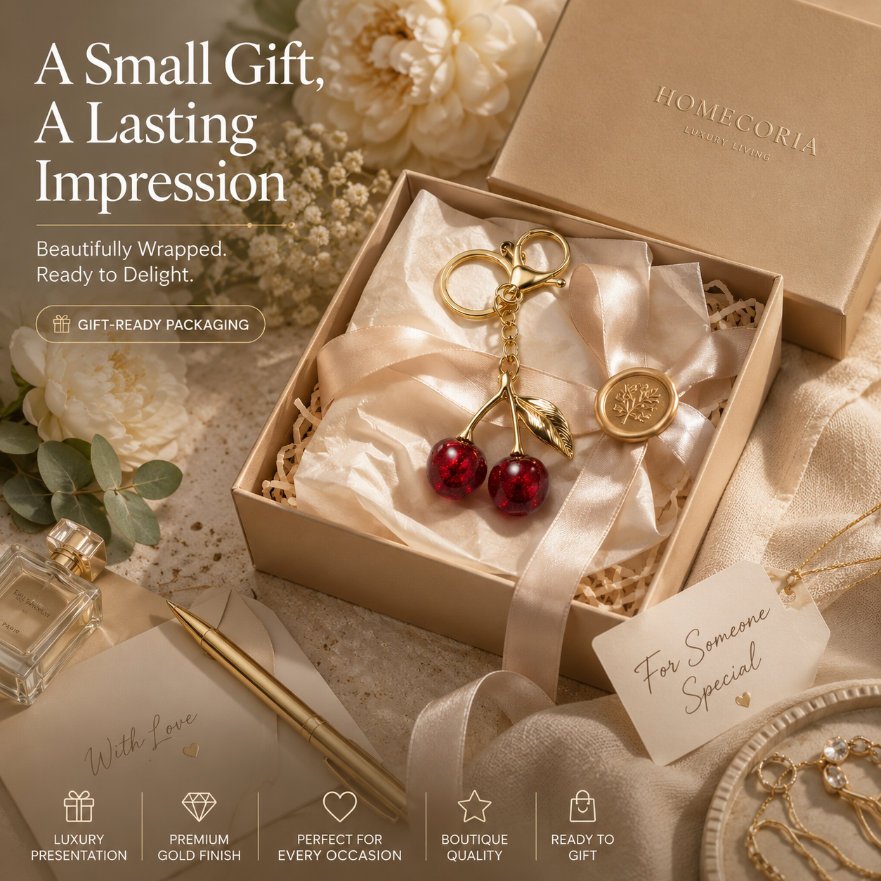 A luxury gift set featuring a cherry-shaped keychain with red glass cherries and gold metal details, presented in a beige gift box with satin lining. The box is surrounded by elegant props including a gold pen, a glass perfume bottle, a card reading 'For Someone Special', and decorative cream flowers on a beige fabric surface.
