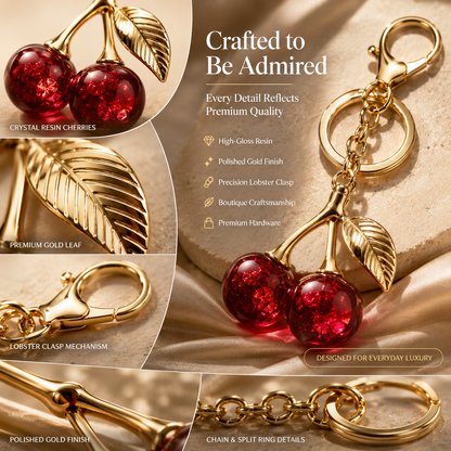 A gold lobster clasp keychain featuring two glossy red crystal resin cherries with gold leaves, shown in a luxury promotional collage with close-up detail panels and text highlighting premium quality and craftsmanship.