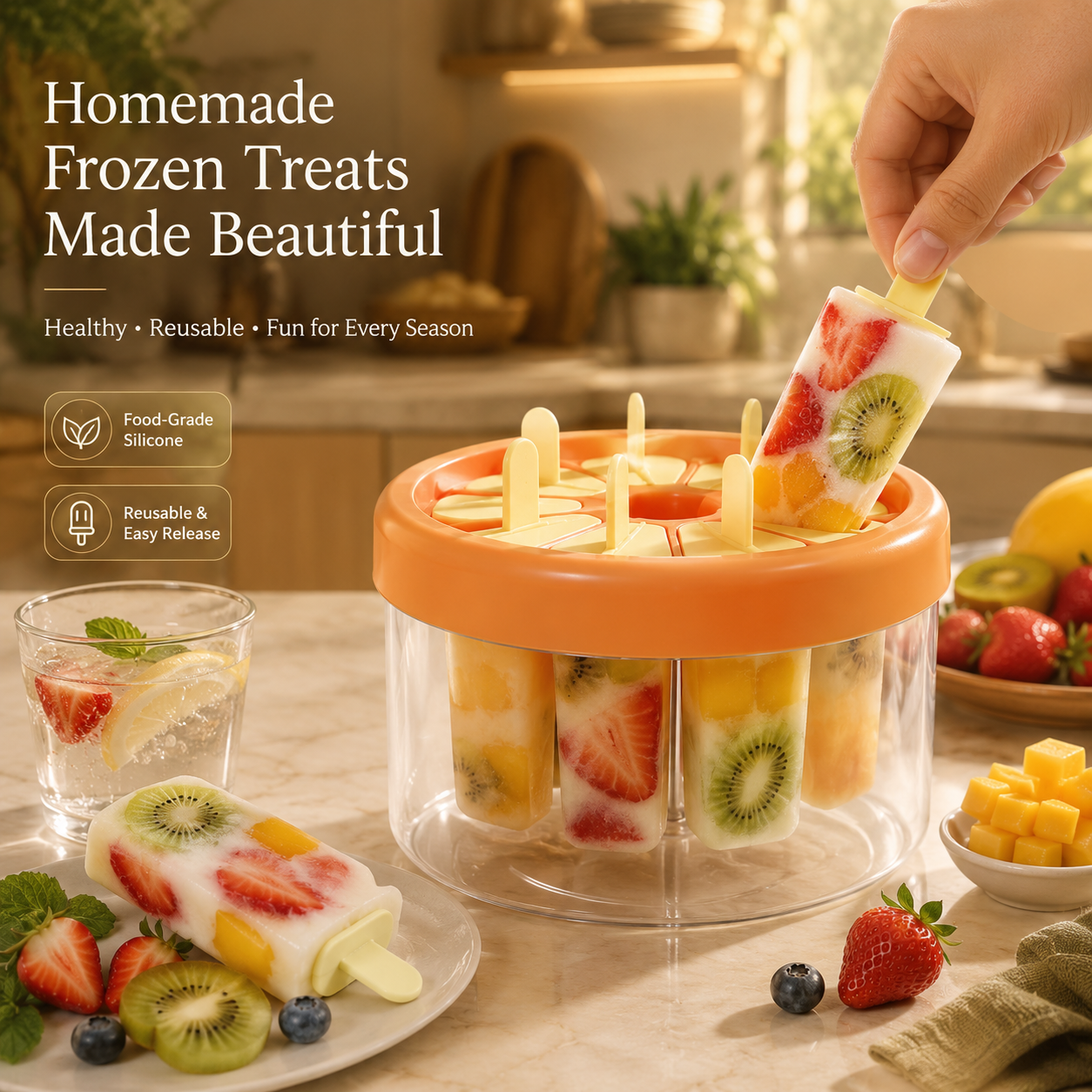 A hand lifts a fruit-filled popsicle from a clear cylindrical mold with an orange lid, set on a kitchen counter with other popsicles, strawberries, kiwi, and a glass of fruit water. Text on the left reads 'Homemade Frozen Treats Made Beautiful' with feature badges.
