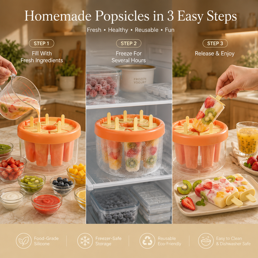 A three-panel infographic showing how to make homemade popsicles in an orange silicone mold. The top text reads 'Homemade Popsicles in 3 Easy Steps.