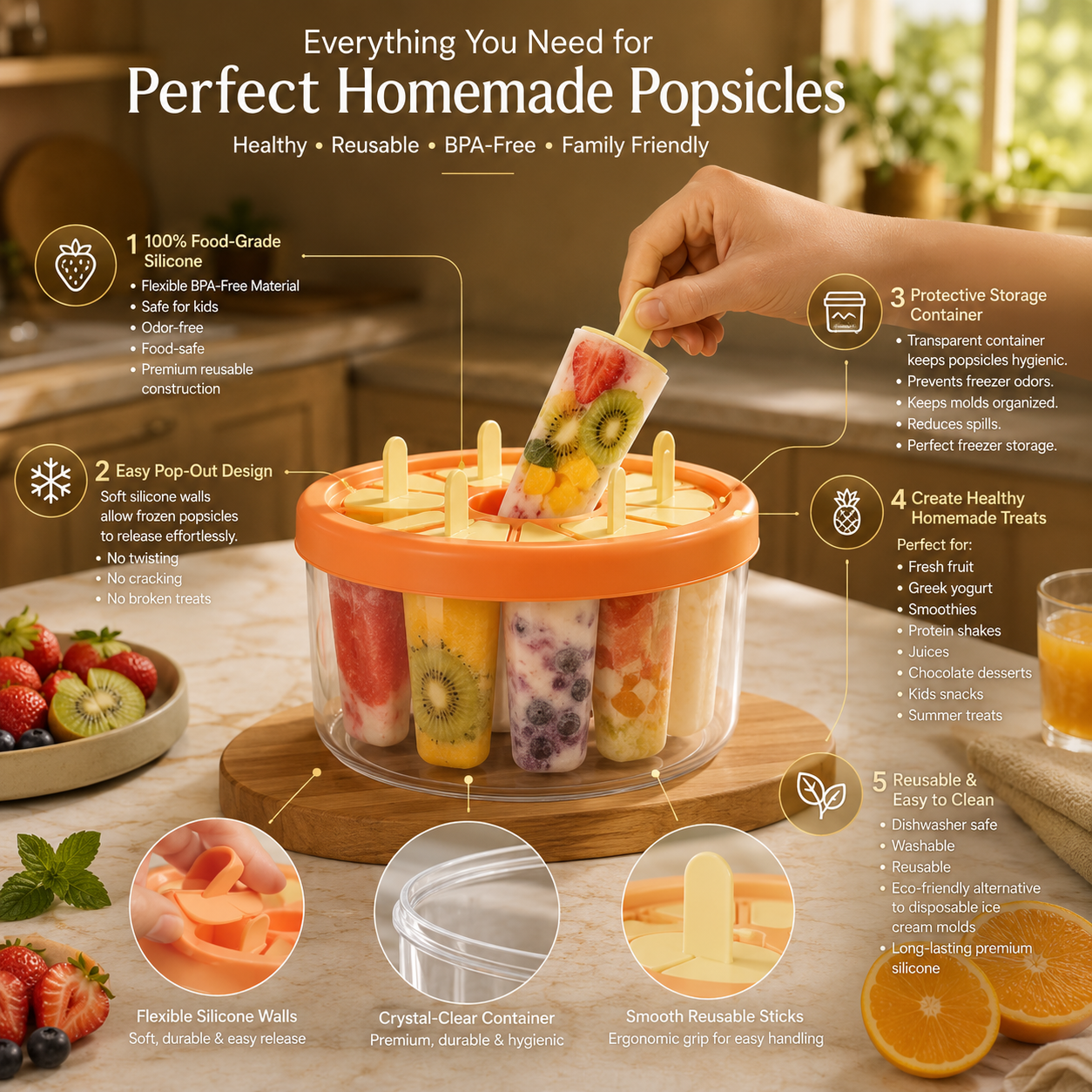 An infographic-style product photo showing a clear silicone popsicle mold with an orange lid and several colorful frozen popsicles inside, placed on a wooden board in a kitchen setting. A hand is visible holding one popsicle.