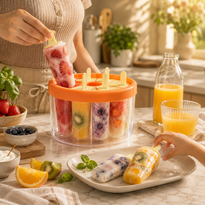 A clear plastic fruit popsicle mold with an orange lid is filled with colorful fruit popsicles on a kitchen counter, with hands adding and serving more popsicles nearby.