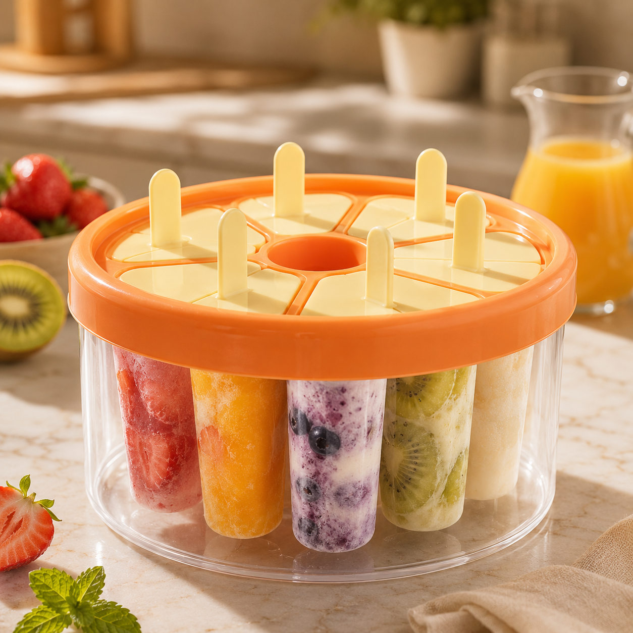A clear cylindrical popsicle maker with an orange lid and pale yellow paddle inserts, shown holding several colorful frozen popsicles on a kitchen counter. Strawberries, kiwi, and an orange juice glass are visible in the background.