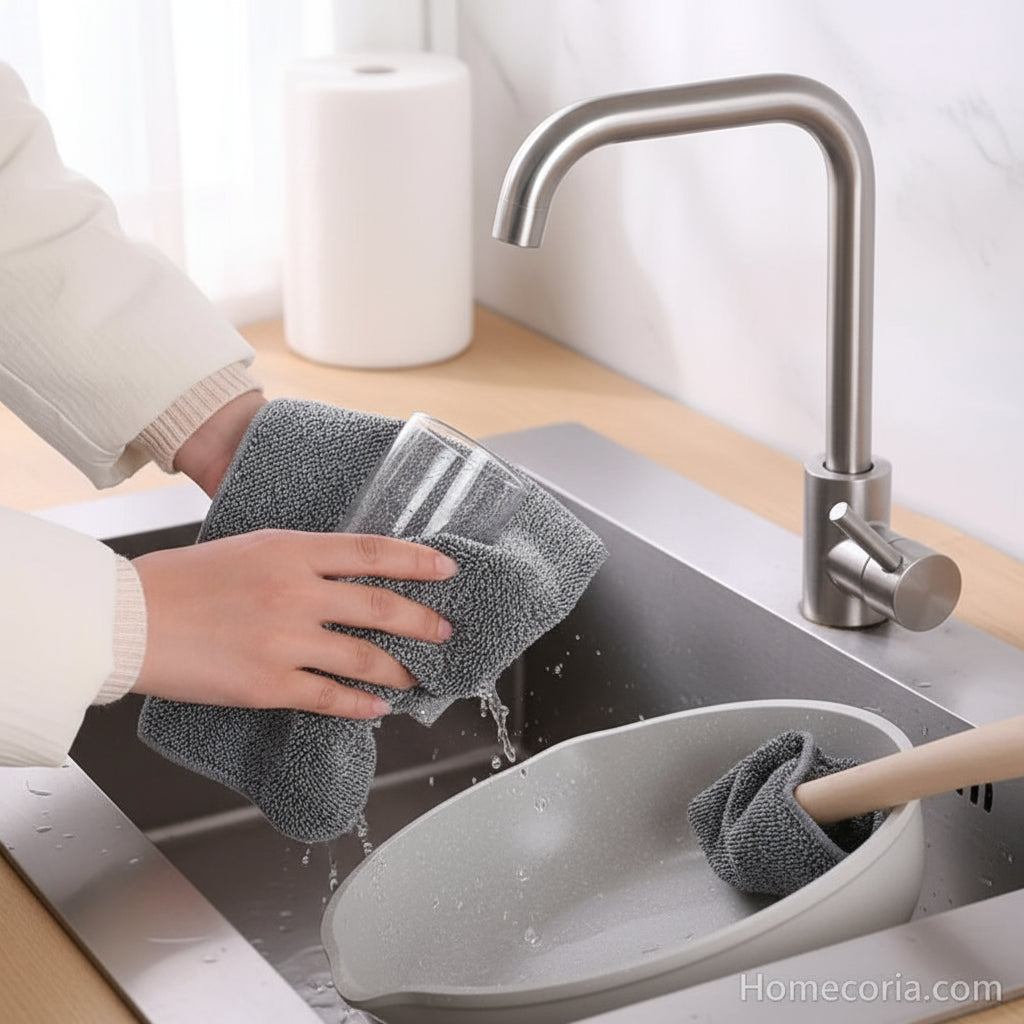 Collage of a gray scrubber being used to clean various kitchen items.