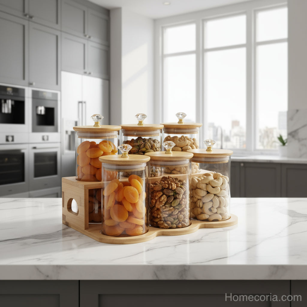 6pcs glass jar set with wooden stand