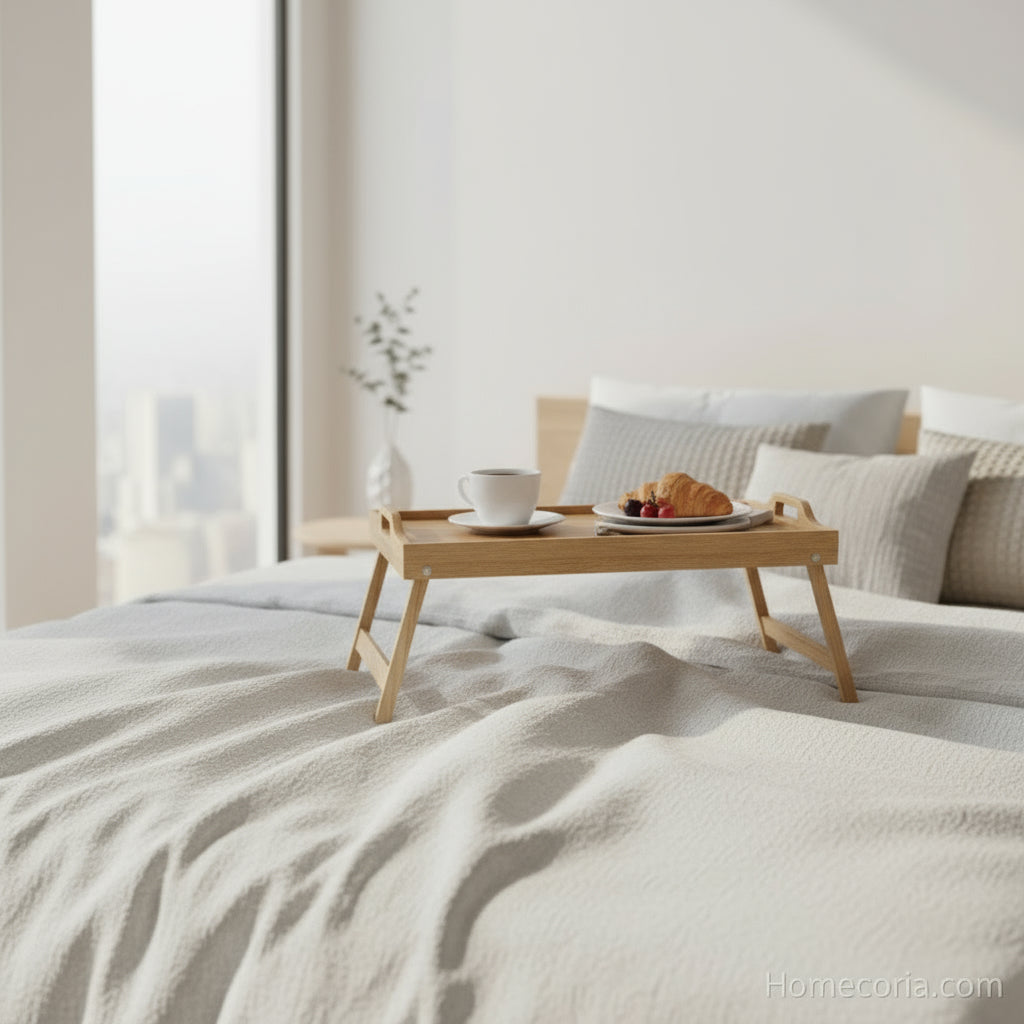 Modern kitchen with a wooden tray on a marble countertop