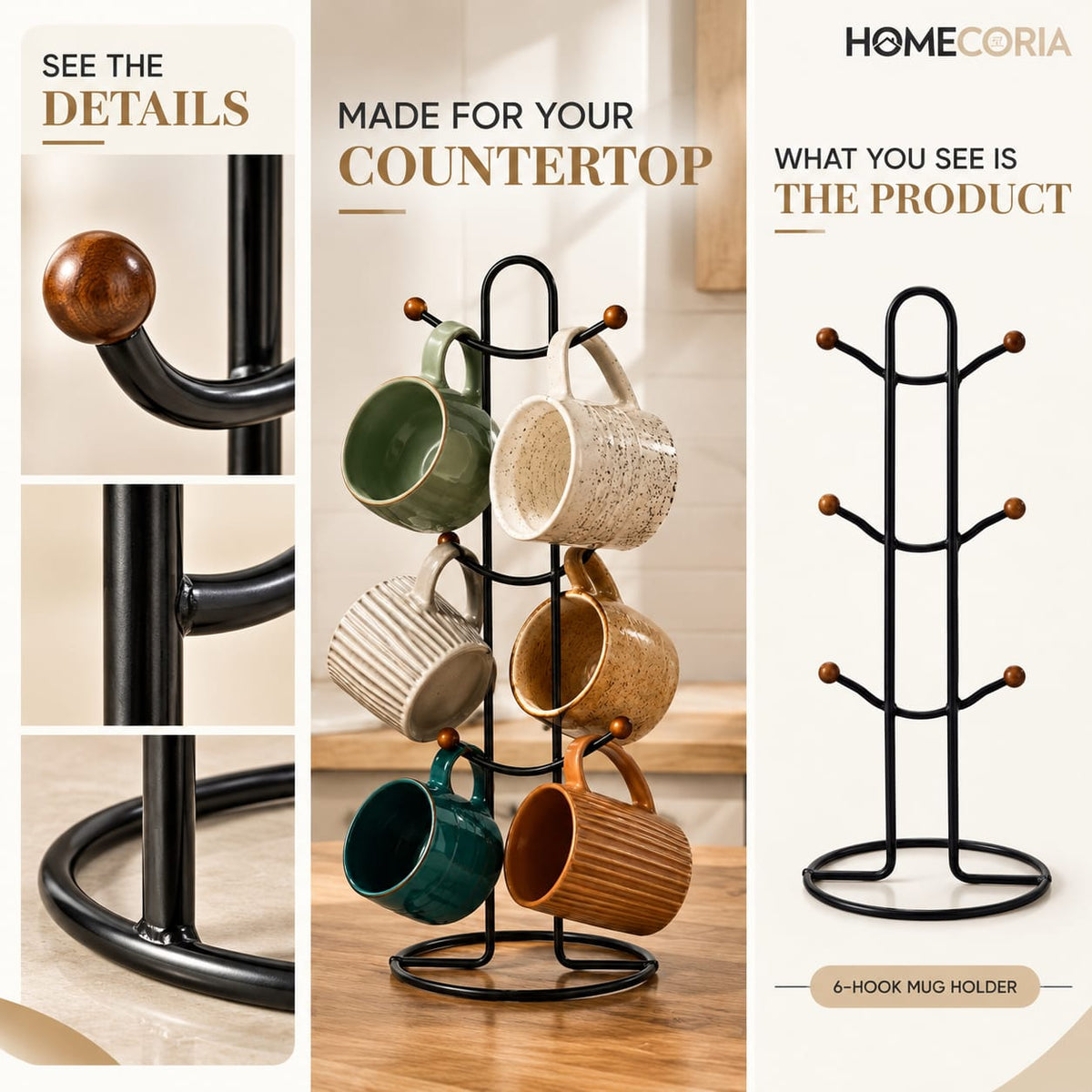 6 Hook Mug Holder – Rotating Coffee Cup Storage Rack