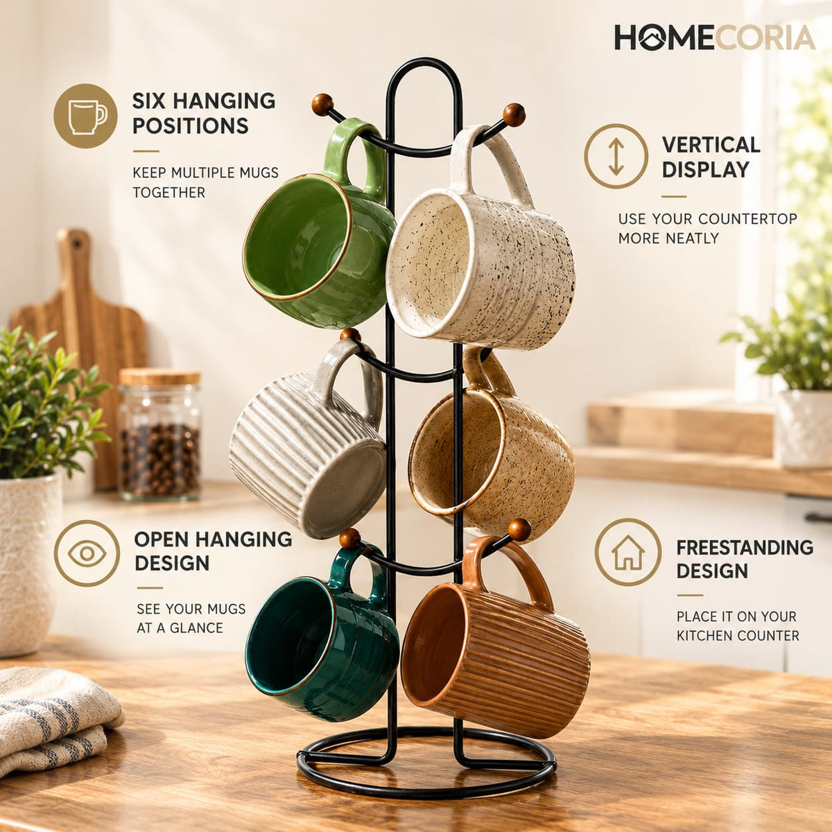 6 Hook Mug Holder – Rotating Coffee Cup Storage Rack