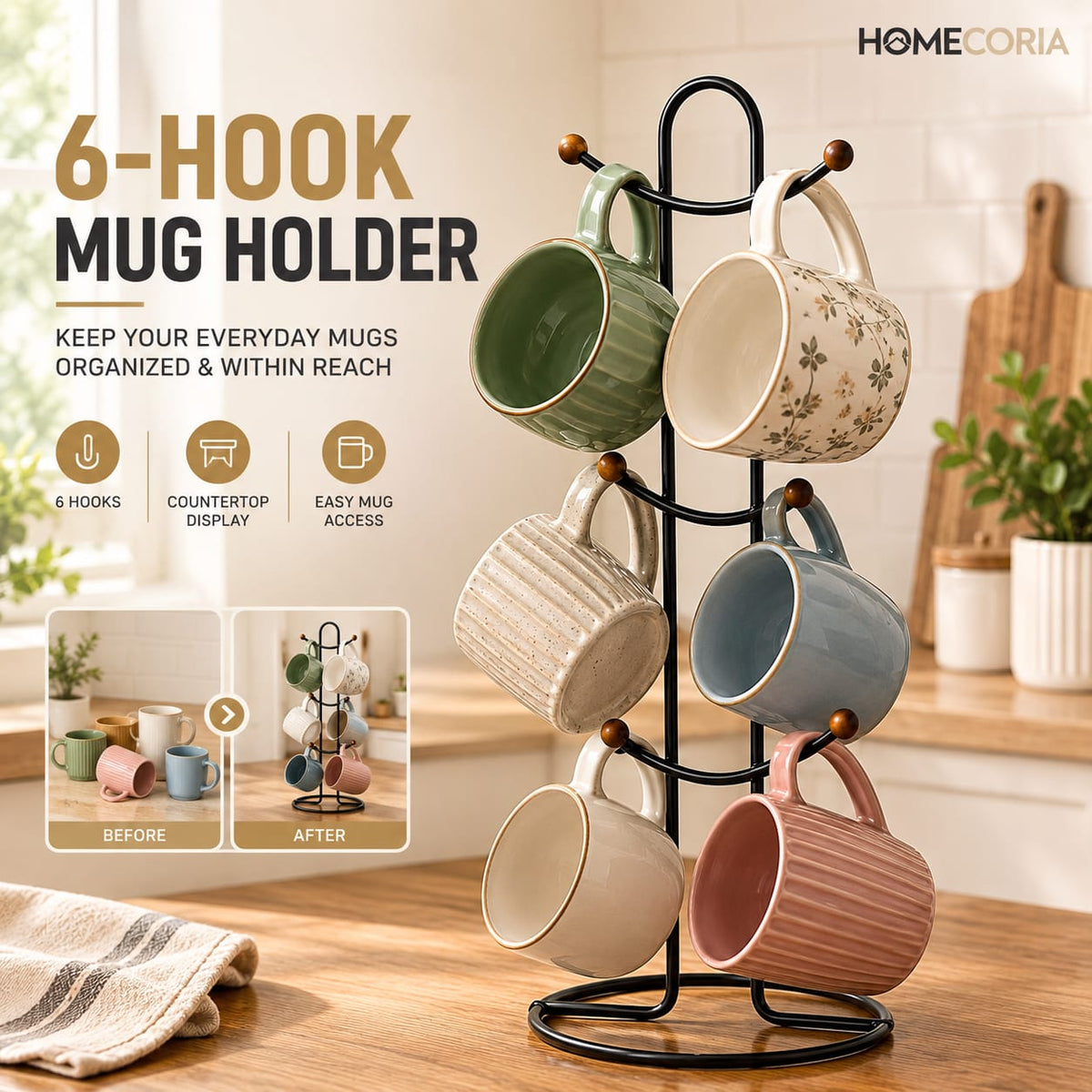 6 Hook Mug Holder – Rotating Coffee Cup Storage Rack