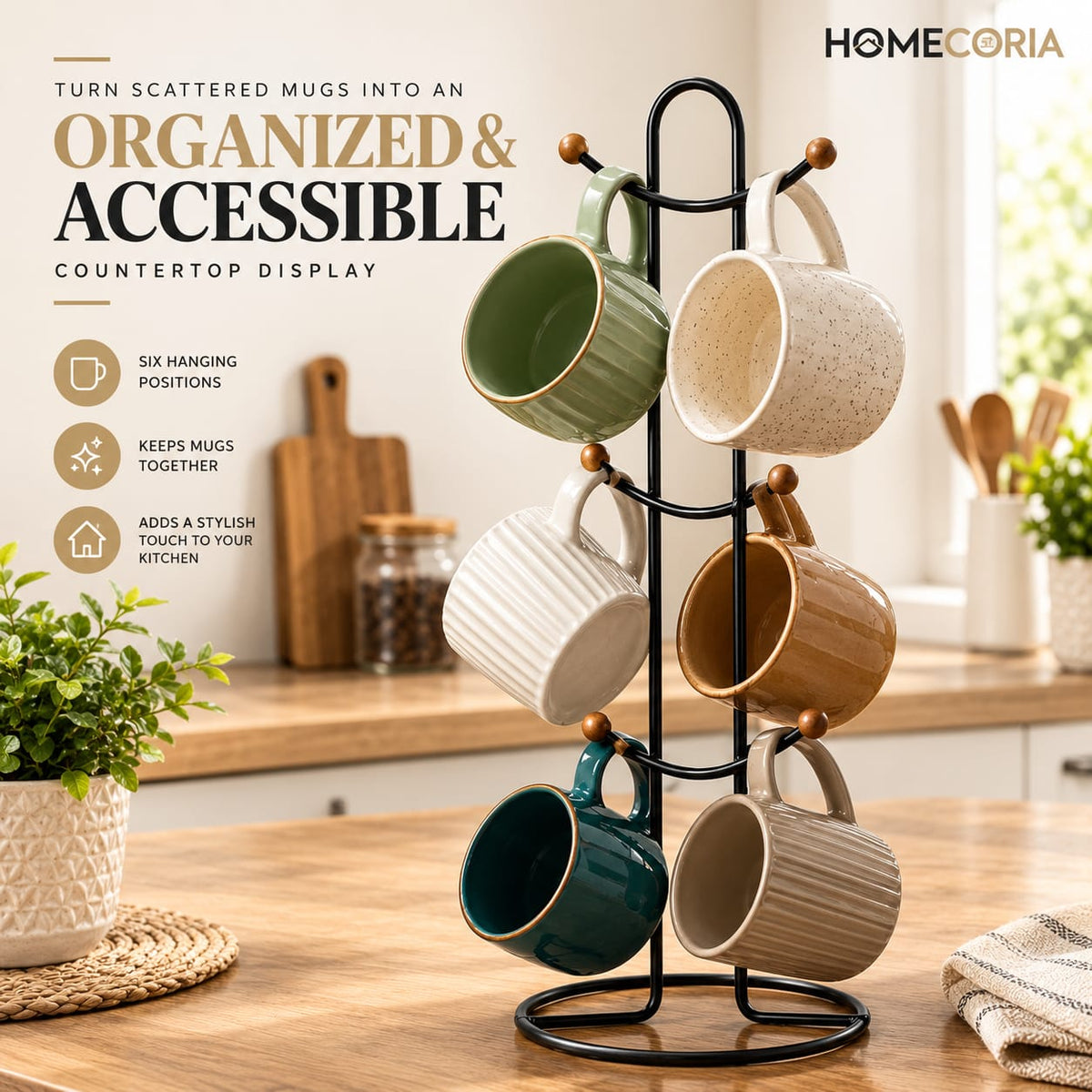 6 Hook Mug Holder – Rotating Coffee Cup Storage Rack