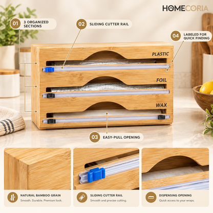 3-in-1 Bamboo Wrap Dispenser & Cutter – Plastic Wrap, Foil & Wax Paper Organizer
