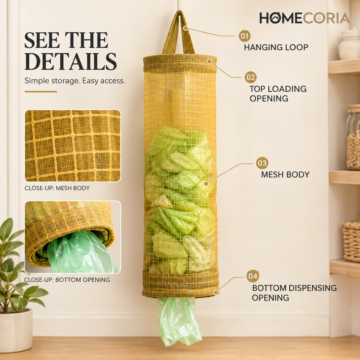 Hanging Mesh Garbage Bag Dispenser – Kitchen Waste Bag Organizer