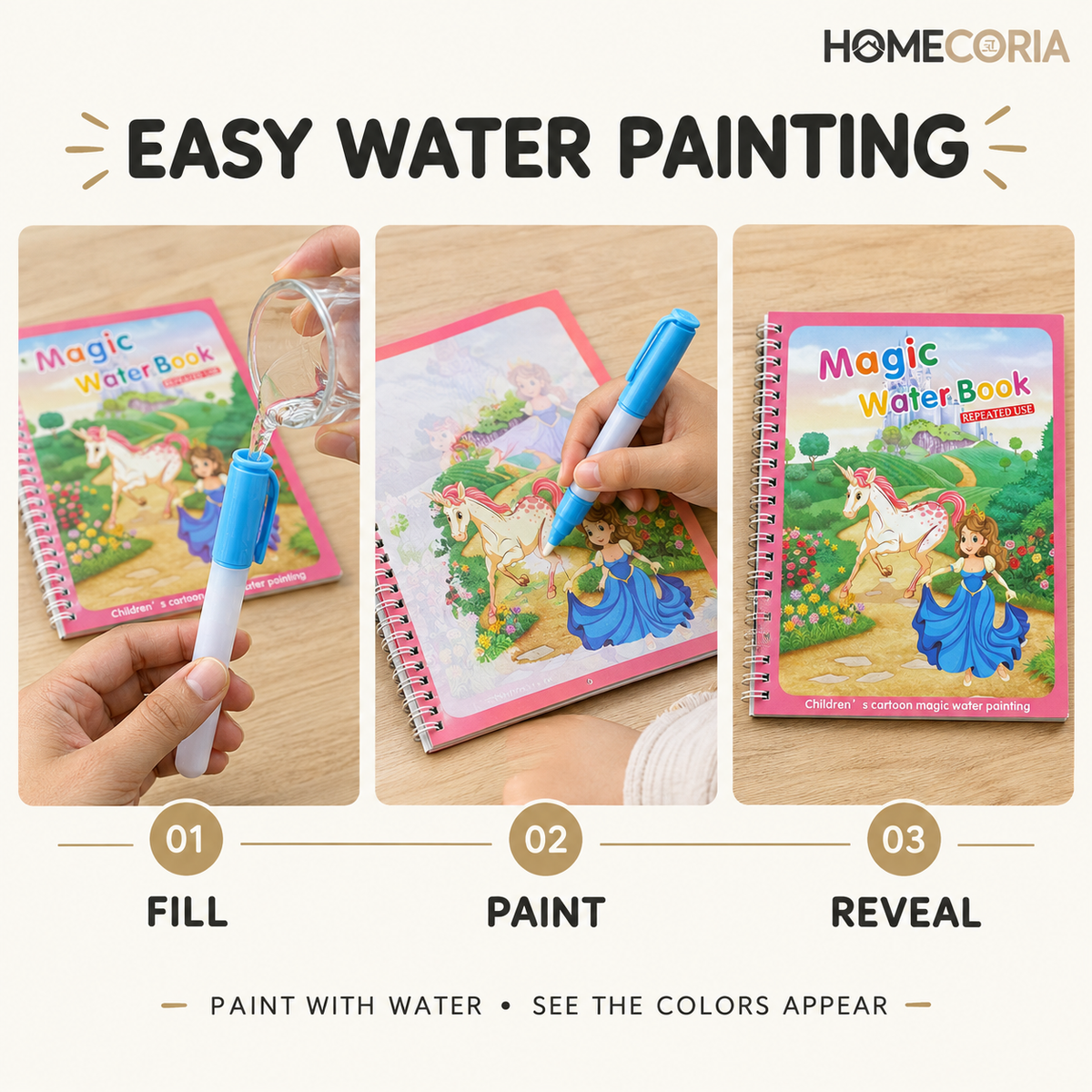Magic Water Coloring Book for Kids – Reusable Water Painting Activity Book with Water Pen