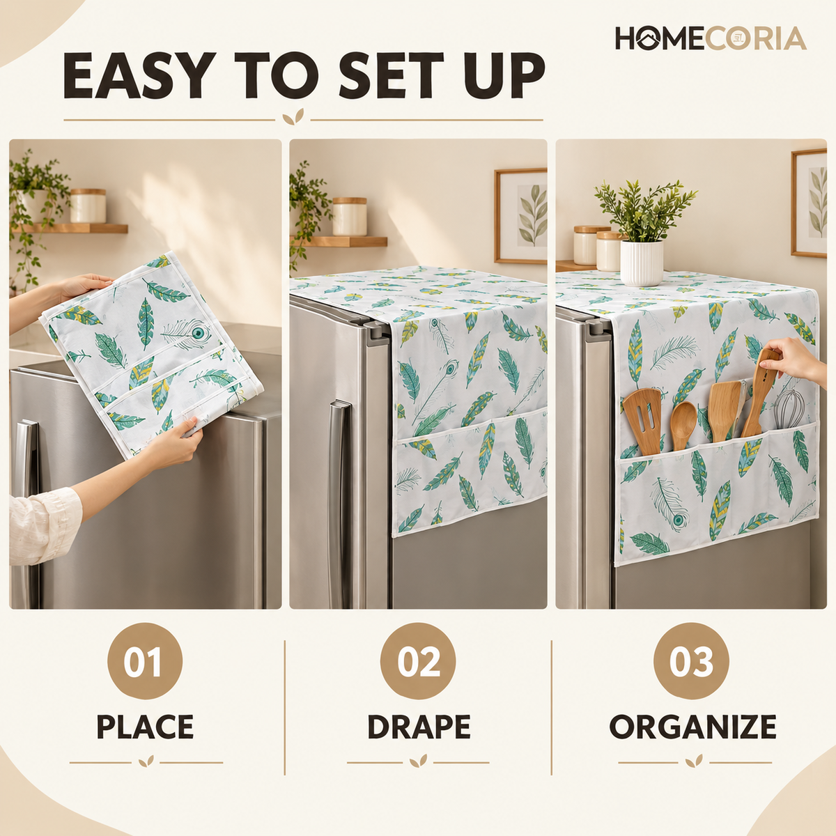 Refrigerator Cover & Storage Organizer – Feather Print