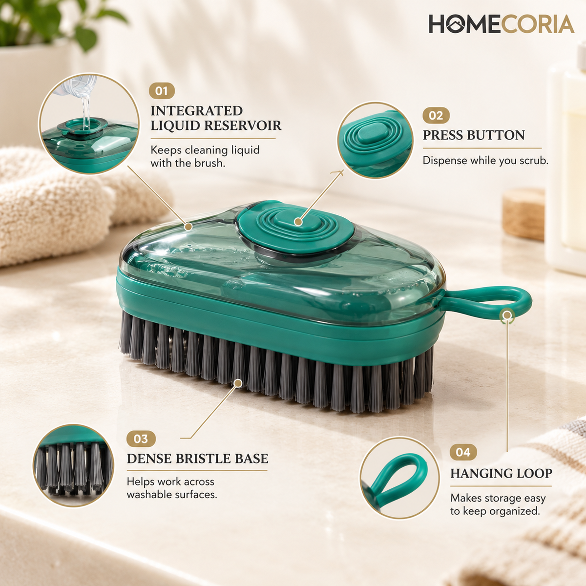 Liquid-Dispensing Cleaning Brush – Teal Scrubbing Brush