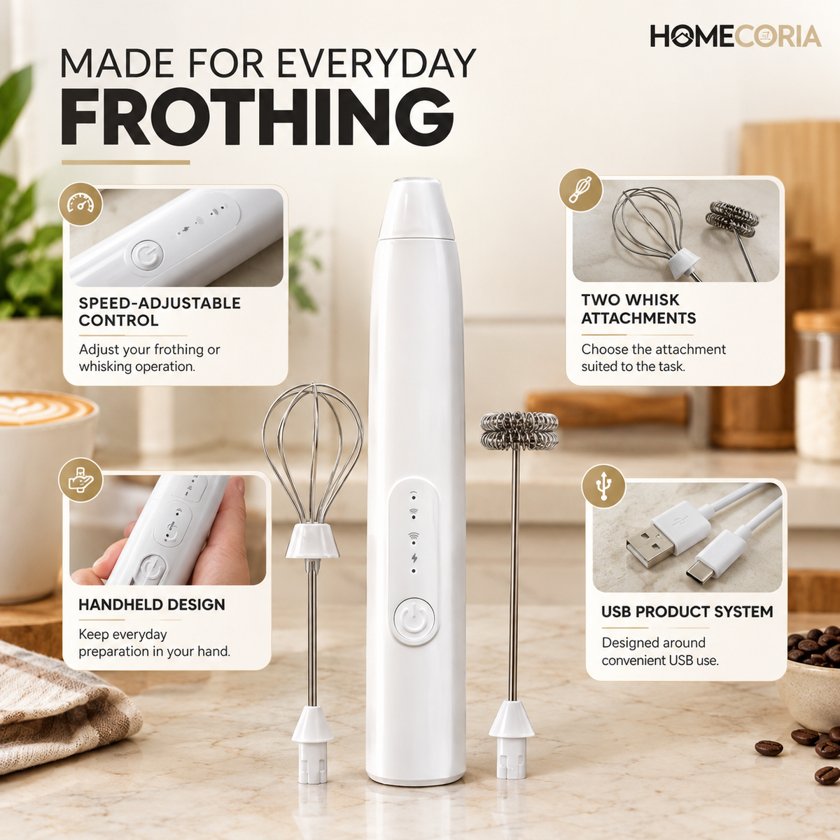 2-in-1 Rechargeable Electric Milk Frother & Egg Whisk – 3 Speed Handheld Mixer