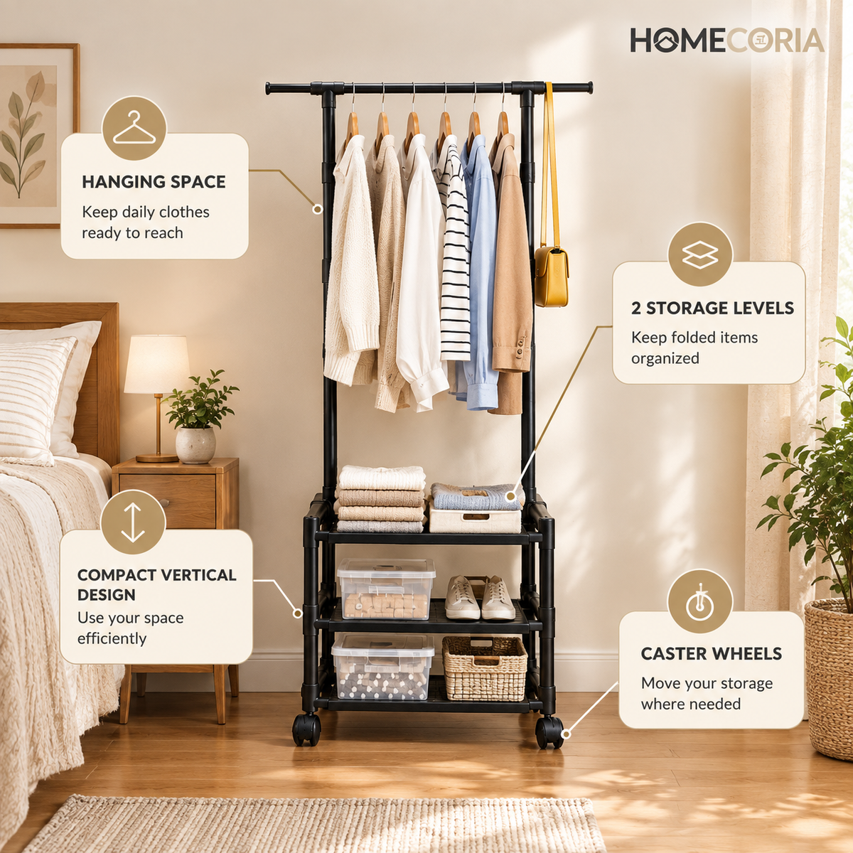 Multifunctional Clothes & Shoe Rack with Hanging Rail – Space Saving Storage Organizer
