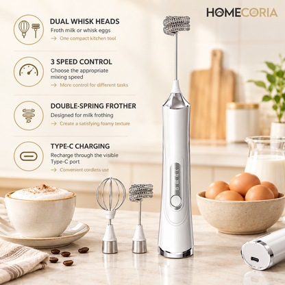 2-in-1 Rechargeable Electric Milk Frother & Egg Whisk – 3 Speed Handheld Mixer