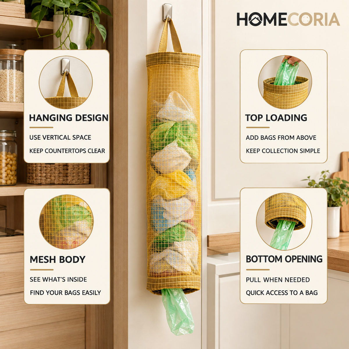 Hanging Mesh Garbage Bag Dispenser – Kitchen Waste Bag Organizer