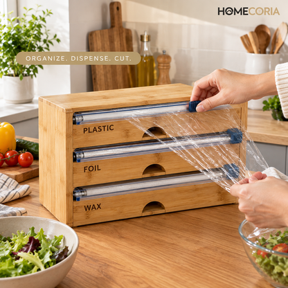 3-in-1 Bamboo Wrap Dispenser & Cutter – Plastic Wrap, Foil & Wax Paper Organizer