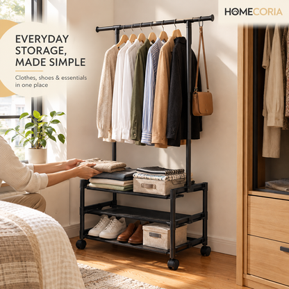 Multifunctional Clothes & Shoe Rack with Hanging Rail – Space Saving Storage Organizer