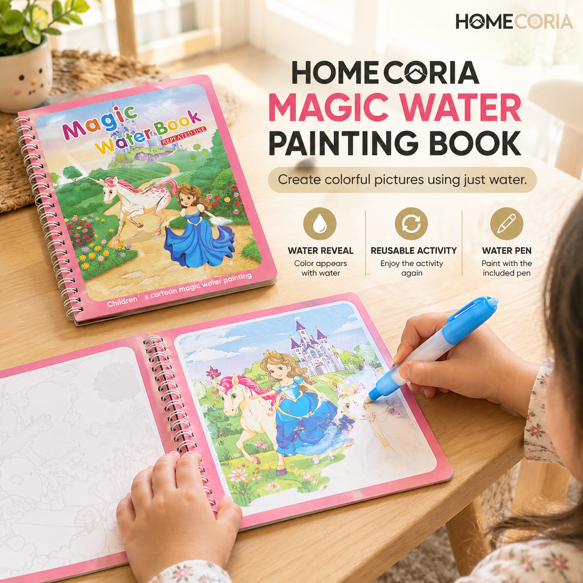 Magic Water Coloring Book for Kids – Reusable Water Painting Activity Book with Water Pen