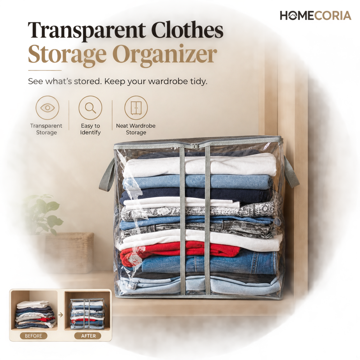 Transparent clothes storage organizer bag filled with folded clothing on a wardrobe shelf