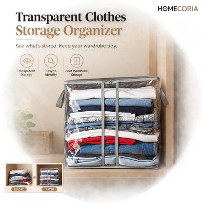 Transparent clothes storage organizer bag filled with folded clothing on a wardrobe shelf