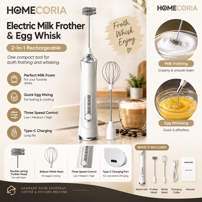 2-in-1 Rechargeable Electric Milk Frother & Egg Whisk – 3 Speed Handheld Mixer
