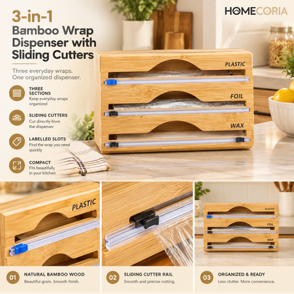 3-in-1 Bamboo Wrap Dispenser & Cutter – Plastic Wrap, Foil & Wax Paper Organizer